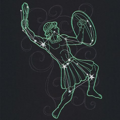 Orion Constellation art Orion Mythology, Constellation Project, Hercules Constellation, Tattoos Greek, Orion Tattoo, Ancient Greece Mythology, Embroidered Embellishments, Book Drawings, Greece Mythology