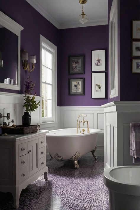 Step into luxury with Majestic Purple (SW 6545) as we enhance your bathroom with regal hues. Discover how to add sophistication to your space with our daily interior designer routine. #Ad #homedecor #homedesign #bathroom #Painthome interiorarchitecture best Wall Colors for Bathroom Colors Bright Room Colors best colors combinations bathroom bathroom Remodeling Modern Paint Colors 2024 Purple Master Bath, Small Bathroom Purple, Home Decor Ideas Purple, Majestic Purple Sherwin Williams, Dark Purple Bathroom Walls, Small Purple Bathroom Ideas, Lilac Marble Bathroom, Purple Themed Bathroom, Purple And Gray Bathroom