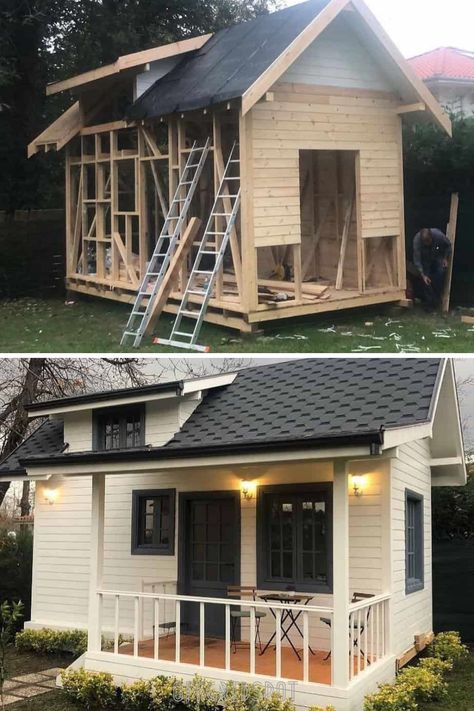 Cute Tiny House Construction and Build Exterior & Interior Small Tiny House Exterior, Exterior Tiny House Colors, Small Shed Design Ideas, Exterior Tiny House Ideas, Shed Home Exterior, Tiny Home Ideas Exterior, Tiny House Exterior Colors, Tiny House Landscaping Ideas, Mini Shed House