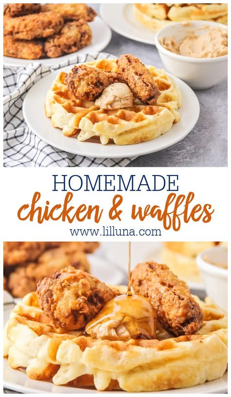 No need to count calories with these Chicken and Waffles, this sweet and salty classic is worth every bite! #chickenandwaffles #chicken #waffles #breakfast #brunch Fried Chicken And Waffles Recipe, Chicken And Waffles Recipe, Cheddar Waffles, Best Waffle Maker, Homemade Bacon, Fried Chicken And Waffles, Count Calories, Making Fried Chicken, Waffles Recipe