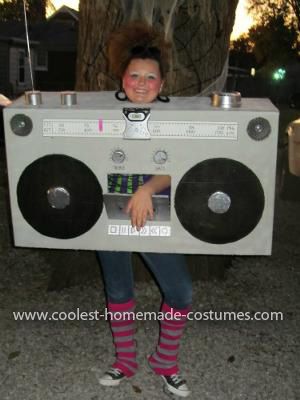 Homemade Boom Box Costume: This story starts with my wife and I in the past buying costumes then deciding to make costumes. The materials used for this particular costume are cardboard, Diy Boom Box Prop, Boombox Halloween Costume, Diy Boom Box Cardboard, 80s Parade Float Ideas, Boom Box Diy, Cardboard Box Costume, Two Person Costumes, Cardboard Costumes, Cardboard Challenge