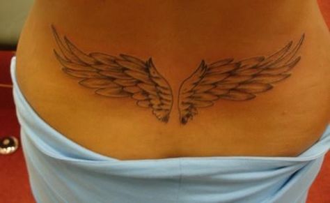 angel wings lower back Lower Back Wings Tattoo For Women, Wing Lower Back Tattoo, Lower Back Angel Wing Tattoo, Angel Wings Tattoo Tramp Stamp, Wings Tattoo Tramp Stamp, Tramp Stamp Angel Wings, Wings Lower Back Tattoo, Angel Wing Tramp Stamp, Evil Angel Wings Tattoo