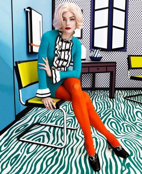 Jessica Stam Transforms Into Pop Art for Harper’s Bazaar | Fashion Gone Rogue Pop Art Aesthetic Outfit, Pop Art Kostüm, Brand Persona, Pop Art Costume, Mode Pop, Pop Art Fashion, Jessica Stam, Mode Editorials, Gucci Dress