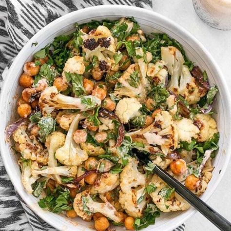 Tahini Vinaigrette, Herb Roasted Chicken Breast, Tahini Dressing Recipe, Roasted Cauliflower Salad, Broccoli Cauliflower Salad, Eggplant Salad, Lemon Tahini Dressing, Salad With Lemon, Spiced Chickpeas