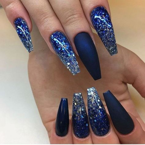 Navy Nail Art, Blue Prom Nails, Blue And Silver Nails, Silver Nail Designs, Blue Coffin Nails, Dark Blue Nails, Navy Nails, Blue Glitter Nails, Navy Blue Nails