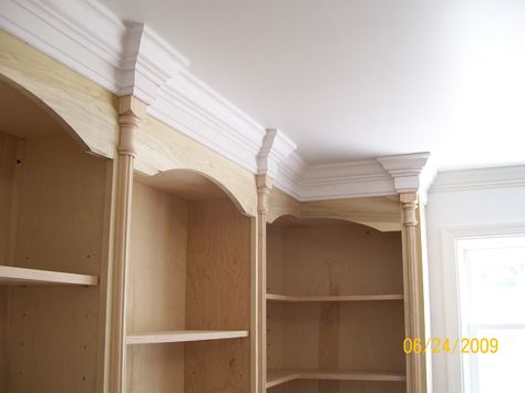 Greek Columns and Soft Roman Arches - Reader's Gallery - Fine Woodworking Luxury Bookcase, Tan Furniture, Unique Bookcase, Wall Shelving Units, Greek Columns, Ikea Billy Bookcase, Crown Moulding, Wood Bookcase, Built In Bookcase