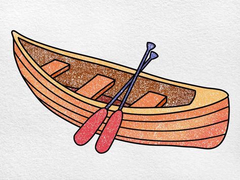 Canoe Drawing Simple, How To Draw A Canoe Step By Step, Canoe Drawing, Canoe Illustration, Canoe Pictures, Red Crayon, Appliqué Ideas, Blue Crayon, Boat Drawing