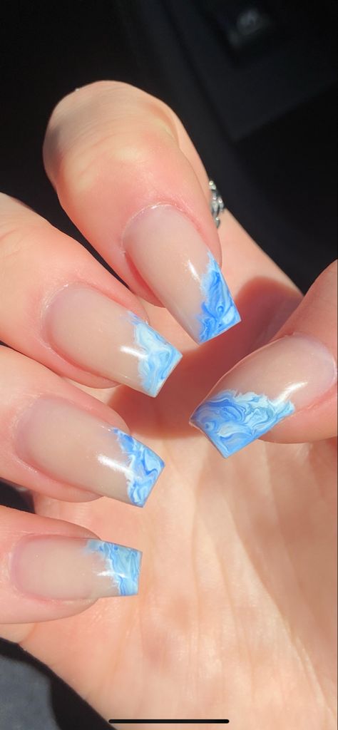 Blue Marble Ocean Nails Inspo Ideas Cute Blue Nail Ideas For Summer, Short Nail Inspo Summer Blue, Marble Nails Summer Vibes, Blue Nail Designs Natural Nails, Summer Holiday Nails Coffin, Light Blue Marble Nails Acrylic, Blue Ocean Nail Art, Ocean Themed Nails Acrylic, Blue Nails Multicolor