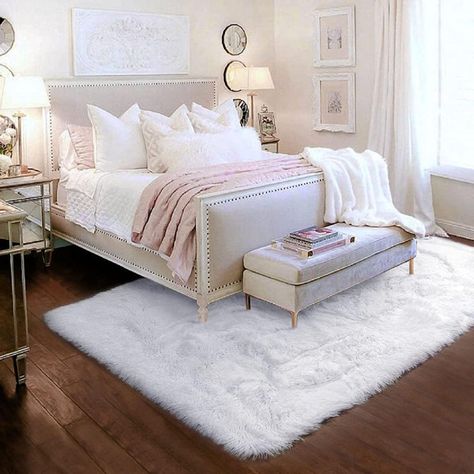 Pink Rug Aesthetic, Pink And White Apartment, Rose Pink Room, Rug By Bed, Rugs For Room, Carpet For Nursery, Fuzzy Carpet, Pink Shag Rug, Rug For Room