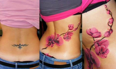 19 Best Lower Back Tattoo Cover Ups Design Ideas – EntertainmentMesh Flower Cover Up Tattoos, Cover Up Tattoos For Women, Tattoo Son, Girl Back Tattoos, New Tattoo Designs, Back Tattoos For Guys, Tattoo Cover Up, Tattoos Skull, Lace Tattoo