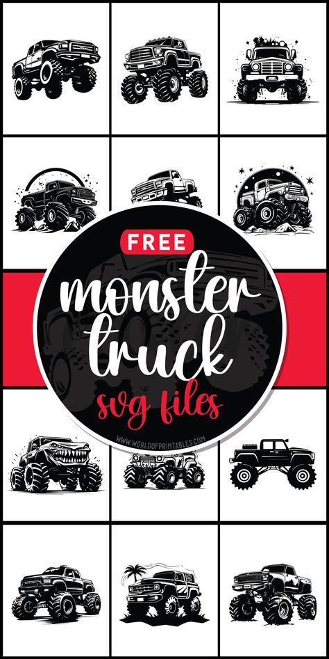 Rev up your crafting game with free monster truck SVG files! Drive into excitement with bold designs perfect for adding a rugged edge to your projects. 🚚💨 Monster Truck Silhouette, Monster Jam Svg Free, Monster Truck Svg Free, Truck Svg Free, Monster Truck Svg, Cricket Machine, Freebie Svg, File Ideas, Cricut Projects Easy