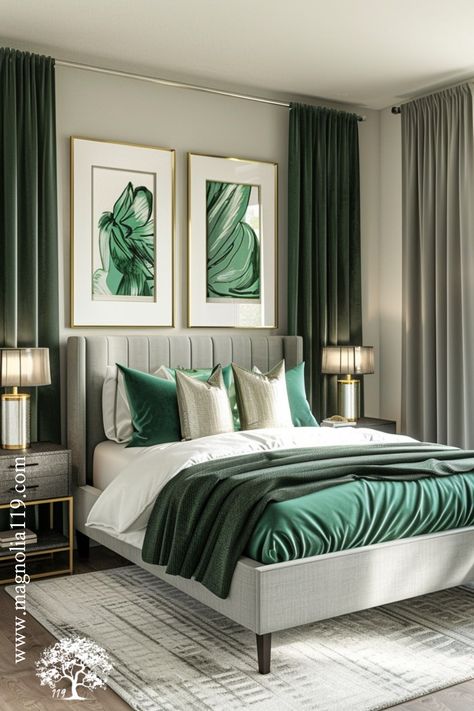 A sophisticated bedroom with emerald green curtains, grey upholstered bed, gold-framed wall art, green silk bedspread, grey woolen area rug. Luxurious blend of textures, silver bedside lamps. Color scheme: emerald green, grey, gold. Click now! Master Bed Color Ideas, Black And White Bedroom With Green, Bedroom Ideas Grey Furniture, Grey Black Green Bedroom, Sage Apartment Aesthetic, Emerald Green Accent Bedroom, Grey And Emerald Green Bedroom, Luxurious Bedrooms Elegant, Color Scheme Emerald Green