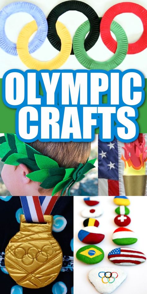 text: olympic crafts - 5 crafts shown: olympic rings out of paper plates, laurel wreath for kids to wear, olympic torch, homemade gold medal and flag painted rocks for woldwide olympic spirit Olympics Crafts For Kids, Olympic Crafts For Kids, Olympic Medal Craft, Summer Olympics Crafts, Olympics Decorations, Olympic Idea, Olympic Crafts, Olympics Activities, Color Sorting Activities