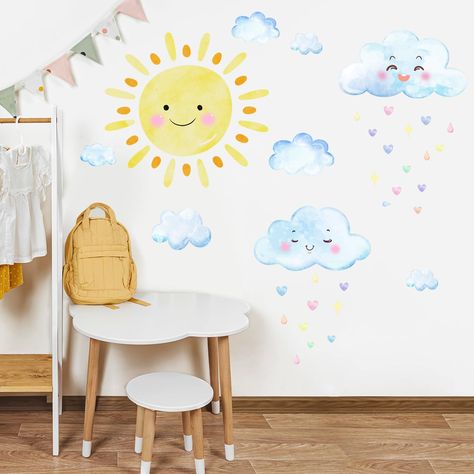 PRICES MAY VARY. SUN WALL DECAL AND WHITE CLOUD WALL DECAL COMBO: Elevate your space with our captivating Sun Wall Decal and Watercolor White Clouds Wall Decal set. Designed for boys' and girls' rooms, children's bedrooms, and nursery decorations, these delightful decals instantly illuminate any room with their whimsical charm. SUN AND WHITE CLOUDS WALL DECOR SIZE: Our Sun Wall Decals measure 19.68 inches x 18.50 inches, providing ample coverage for your walls. Each set includes a variety of sun Sun Nursery, Wall Stencil Designs, Cloud Wall Decal, Nursery Decorations, Kids Bedroom Walls, Cloud Wall, Boy Girl Room, Nursery Mural, Kids Room Wall Decals