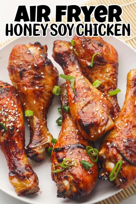 Are you looking for an easy and delicious chicken dinner recipe? We've got the perfect one for you - Air Fryer Honey Soy Chicken Drumsticks! This amazing dish takes only minutes to prepare and makes an incredibly tasty meal. The aroma coming from your air fryer is sure to have everyone in the family excited for dinner. Plus, thanks to the air fryer cooking technique, this chicken provides a unique crunchiness without any added fat or oil. Chicken Drumsticks In Air Fryer Recipes, Air Fryer Recipes Drumsticks, Air Fryer Chicken Drum Sticks, Drumsticks Air Fryer Recipes, Honey Soy Chicken Air Fryer, Drumsticks Recipe Air Fryer, Air Fry Chicken Drumsticks Recipes, Airfryer Chicken Drumstick Recipes, Chicken Drummies In Air Fryer