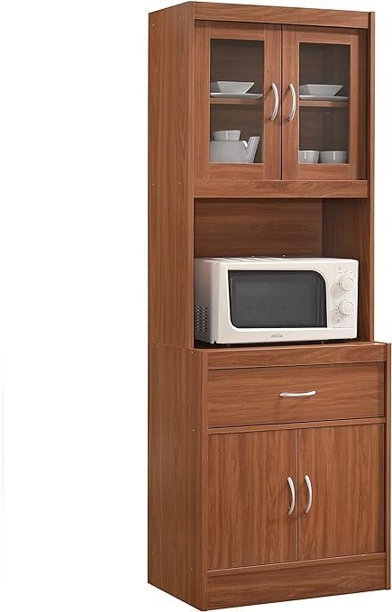 Amazon.com: Hodedah Long Standing Kitchen Cabinet with Top & Bottom Enclosed Cabinet Space, One Drawer, Large Open Space for Microwave, Cherry : Home & Kitchen Kitchen Standing Cabinet, Top Kitchen Cabinets, Microwave Cabinet, Cherry Furniture, Cabinet Top, Microwave Stand, Crockery Unit, Church Furniture, Wood Side Chair