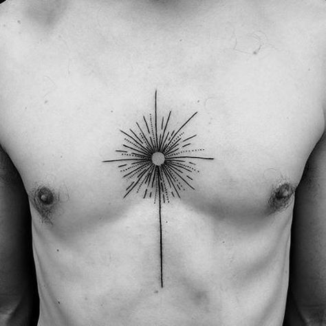 Sun Tattoo Sternum, Sun Burst Tattoo, Star Sternum Tattoo, Sternum Tattoo Men, Sun Sternum Tattoo, Myth Tattoo, Black Hole Tattoo, Tattoo Birds, Etching Tattoo