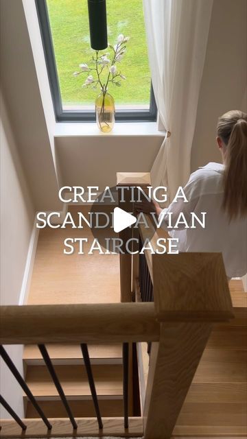 Kerry Kellett on Instagram: "The 1980s staircase had to go… making room for the Scandinavian staircase of dreams.

Treads and risers from @fiximer in oak and primed white glued and screwed down
Banister and spindles from @howdensjoinery 
Stringer is white melamine board from @bandq_uk 
Landing is oak back mdf

The cheapest way for us to achieve this staircase was to cover the existing one rather than ripping out and redoing from scratch.

#staircase #staircases #staircasedesign #staircasetransformation #scandinavianstyle #scandinavianhome #scandiindustrial #modernhome #modernhomes #homerenovation"