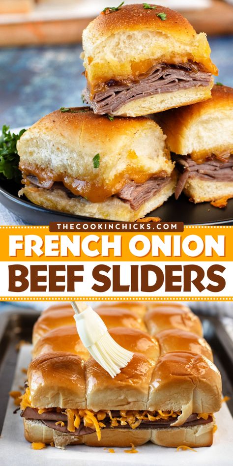 These French Onion Beef Sliders are perfect as a main meal, quick appetizer, or game day option! Enjoy the unbeatable flavor combination of shaved roast beef, caramelized onions, and smoked cheddar cheese on soft Hawaiian rolls. Perfect with some fries, onion rings, or chips! French Onion Beef, Party Sliders, Roll Sliders, Farmhouse Recipes, Sliders Recipes, Goblin Market, Tailgating Ideas, Hawaiian Roll Sliders, Sweet Dinner Rolls