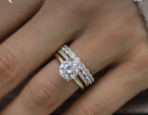 Mixed Metal Wedding Band Stack, Three Ring Stack, Ring Stacking Ideas Wedding Bands Gold, Wedding Ring Stack Round Diamond, Round Solitaire Wedding Stack, Mixed Metal Ring Stack Wedding Bands, Round Wedding Ring Stack, Wedding Band Stack Ideas Round Solitaire, Round Solitaire With Wedding Band