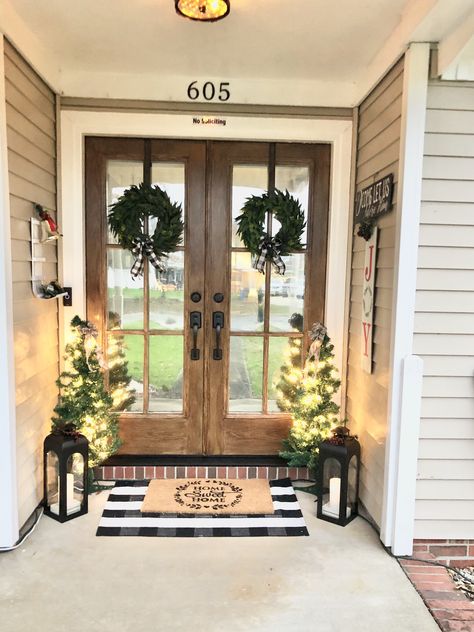 We replaced our front door and two sidelights with double doors from Lowes. #VaskoHomeDesign #Lowes #DoubleDoors #HomeDecor Back Double Door Ideas, Entry Doors For Ranch Style Home, Back Door Ideas Double, Doors Exterior Entrance Farmhouse, Front Porch Ideas With Double Doors, Main Door Porch Design, Christmas Decor Double Front Door, Double Door Entryway Exterior Decor, Front Doors Double Entryway