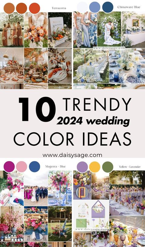 Embrace the future of wedding aesthetics with the trendiest colors for 2024. Get inspired and create a memorable event. Wedding Theme 2024 Trends, 2024 Wedding Colours, Color For Wedding Ideas, Wedding Theme Colors 2024, Wedding Palette 2024, Wedding Colour Theme Ideas, Wedding Theme Ideas 2024, Wedding Colors For 2024, Wedding Trends 2024 Colors