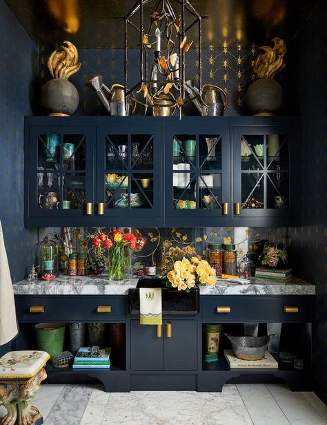 Blue Butlers Pantry, Navy Blue Kitchen Cabinets, Navy Blue Kitchen, Butler’s Pantry, Blue Kitchen Cabinets, Butlers Pantry, Glass Sink, Butler Pantry, Butler's Pantry