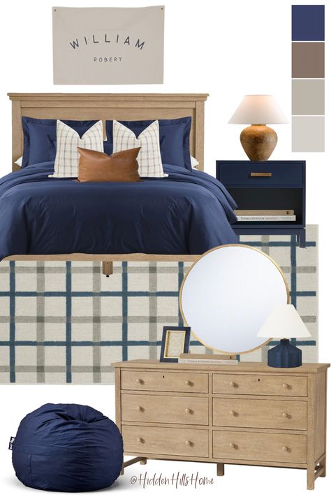 Teen boys room decor mood board with brown and navy blue tones! Navy Blue And Brown Bedding, Mirror For Boys Bedroom, Navy And White Boys Bedroom, Navy And Leather Bedroom, Brown And Navy Bedroom, Blue Teen Bedroom Boy, Navy Teen Boy Bedroom, Boys Room Queen Bed, Elementary Boy Bedroom