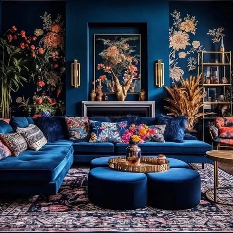 Dark Blue Maximalist Living Room, Gem Tone Living Room, Navy Blue Velvet Sofa Living Room, Peacock Blue Couch, Blue Couch Living Room Colour Schemes, Navy Living Room Ideas, Hawaiian Interior Design, Teal Lounge, Blue Velvet Sofa Living Room