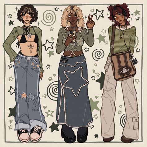 Character Holding Flag Reference, Drawing Inspo Clothes, Y2k Fashion Sketches, Daydreaming Reference, Outfit Inspo With Overalls, Y2k Outfits Drawing Sketch, Y2k Art Outfit, Cute Art Clothes, Grunge People Drawing