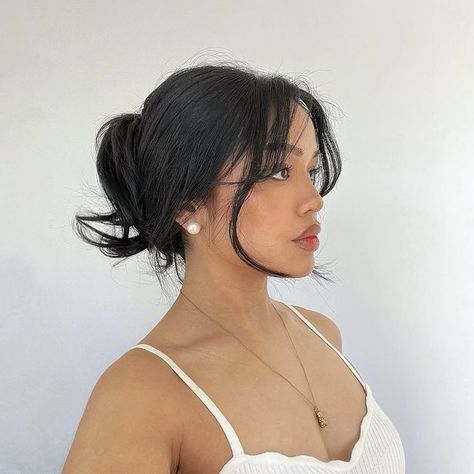 Hair Styles Prom Short, Low Bun Hairstyles With Bangs, Becky G Bangs, Wedding Hair With Curtain Bangs, Wolf Cut Updo Hairstyles, Pretty Hairline, Slick Back With Bangs, Short Hair Feminine, Soft Girl Hairstyles