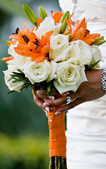 Tiger Lily Bouquet, Tiger Lily Wedding, White Rose Bouquet, Orange Wedding Flowers, Lily Bouquet, Orange Wedding, Wedding Advice, Tiger Lily, Bride Bouquets