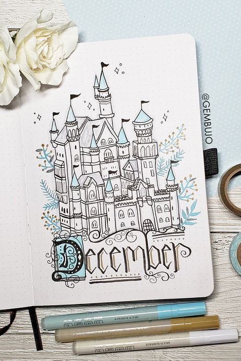 Blue Bullet Journal Theme, Bujo Winter Theme, December Bujo Theme, Bujo Inspiration Themes, December Journal Ideas, Winter Bujo, Winter Bullet Journal, December Bujo, Winter Journal