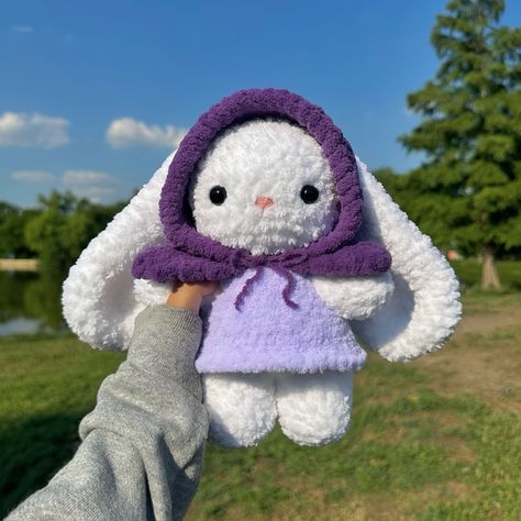 bunny in a purple hood and dress 🐰💜 available on my etsy ☁️ pattern by me 🫧 #crochet #amigurumi #crochetbunny #crochetplushies #amigurumibunny #handmadeplushie #crocheting Purple Crochet Projects, Purple Crochet, Handmade Plushies, Bunny Crochet, Beginner Crochet Projects, Beginner Crochet, Crochet Stuff, Crochet Toy, Crochet Bunny