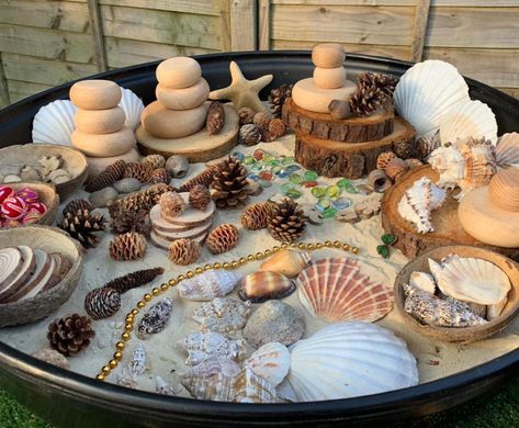 Loose Parts Play - Creating a Library – Beg, Borrow or Steal (Ok…may be not steal!) | Cosy Direct Blog Loose Parts Outside Natural Play, Tuff Tray Curiosity Approach, Outdoor Set Ups Childcare, Outdoor Experiences Childcare, Loose Parts Tuff Tray Ideas, Curiosity Approach Eyfs Toddlers, Nature Loose Parts, Small World Play Ideas, Curiosity Approach Eyfs