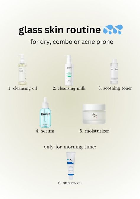 Perfect Skin Care Routine For Acne Prone Skin, Korean Skincare Routine Glass Skin, Skin Care Routine For Combination Acne Prone Skin, Korean Skincare Routine Simple, Combo Skin Skincare, Korean Daytime Skincare Routine, Korean Combo Skincare, Dry Combination Skin Skincare Routine, Korean Skincare Routine For Acne Prone Skin