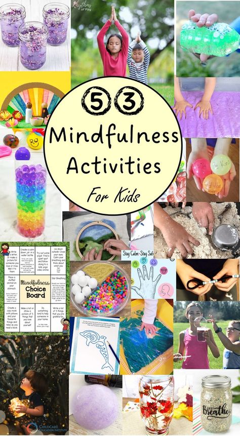 The pin is a collage with different images of activities kids can do for mindfulness from outdoor yoga, sensory bottles, sensory bags and printables. Mindfulness Art Activities, Quiet Toddler Activities, Mindful Activities For Kids, Mental Health Awareness Activities, Mindfulness Activities For Kids, Art Activity For Kids, Wellbeing Activities, Mindfulness Art, Emotions Activities