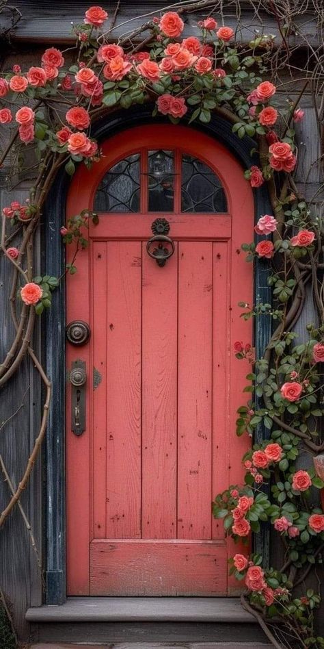 Spring Porch Decor, Orange Door, Chic Garden, Cool Doors, Front Entrance, Garden Doors, Old Doors, Red Door, Unique Doors