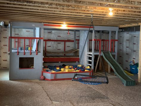 We love our basement playground! It's been such a life savor during the winter months when our kids energy level is through the roof! Indoor House Playground, Playroom Building Ideas, Basement Indoor Playground, Unfinished Basement Play Area, Basement Playground Indoor, Basement Kids Gym, Basement Kids Play Area, Basement Jungle Gym, Basement Jungle Gym For Kids