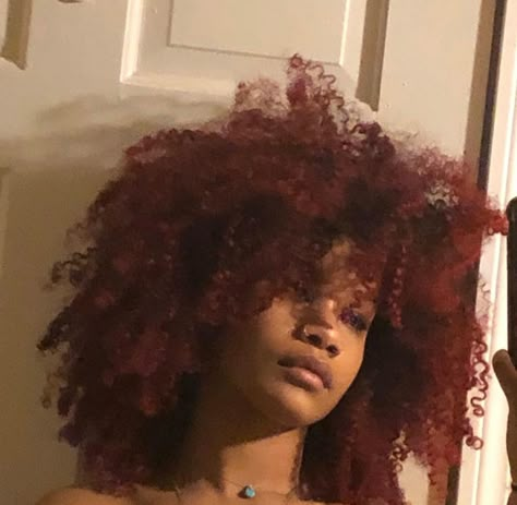 Dark Red Afro Hair, Dark Orange Curly Hair, Red And Black Hair Curly, Dark Red Afro, Dark Red Natural Hair, Dark Red Hair Curly, Dyed Afro Hair, Curly Dark Red Hair, Wine Red Curly Hair