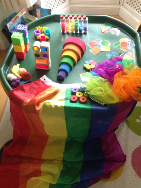 Rainbow Tuff Tray for Birmingham Pride Colour Themed Tuff Trays, Carnival Tuff Tray Ideas, Rainbow Tuff Tray Ideas, Rainbow Messy Play, Colour Tuff Tray Ideas, Pride Activities For Toddlers, Weather Tuff Tray Ideas, Tuff Tray Ideas 12 Months, Rainbow Tuff Tray