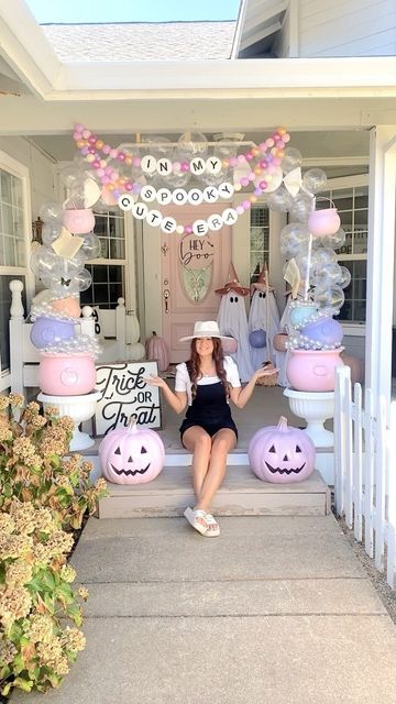 Girly Halloween Party Ideas, Pink Halloween Photo Backdrop, Pink Ghost Trunk Or Treat, Pink Halloween Trunk Or Treat, In My Spooky Era Party, Pastel Halloween Decorations Outdoor, Pink Trunk Or Treat, Pink Outdoor Halloween Decor, October Baby Birthday Party Ideas