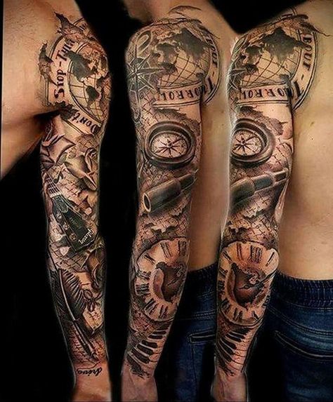 Nautical Sleeve, Nautical Tattoo Sleeve, Pirate Tattoo, Forarm Tattoos, Nautical Tattoo, Cat Tattoos, Watch Tattoos, Tiny Tattoo, Full Sleeve Tattoos