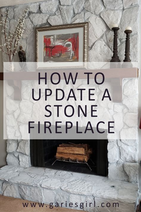 Updating Rock Fireplace Wall, How To Cover Stone Fireplace, Rock Fireplace With Mantle, Mantles On Stone Fireplaces, Fireplace Stones Ideas, Remodel Rock Fireplace, Fake Stone Fireplace Makeover, Painted White Rock Fireplace, How To Update An Old Stone Fireplace