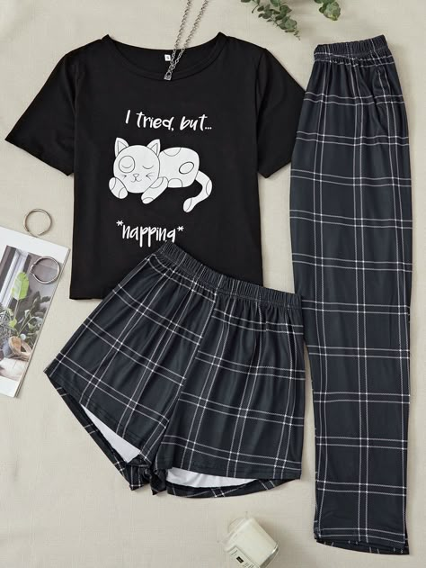 Cute Pajama Set For Women, Aesthetic Pj Outfits, Women Pijamas, Clothes Sleep, Pj Outfit, Plaid Pant, Slogan Graphic Tee, Teen Swag Outfits, Cute Pajama Sets