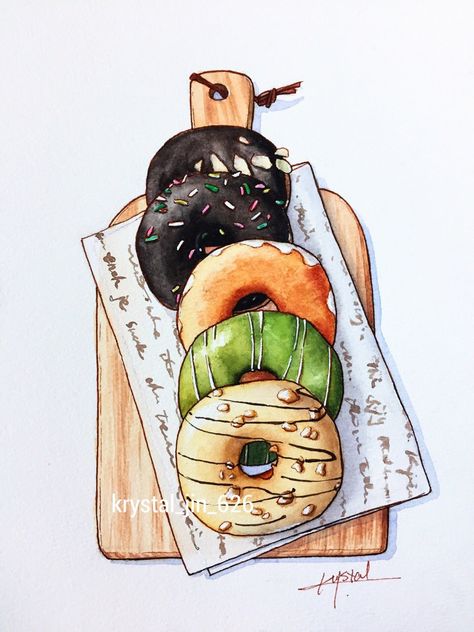 Donut Art, Markers Drawing Ideas, Sketchbook Watercolor, Food Artwork, Food Sketch, Sketchbook Tour, Food Illustration Art, Watercolor Food, Food Painting