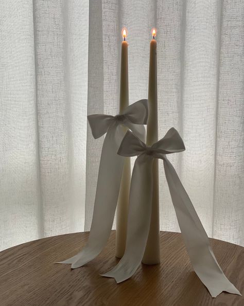 Dusk Candles | Taper Candles | Wedding reception candles | Wedding reception candles | Candle wedding centerpieces on a budget | Free Standing Candles | Paraffin Free Candles | Unscented Candles | Column Candles | Free Standing Candles Australia Candles On Plate, How To Make A Candle Holder, Wedding Candle Decorations, Bows On Candles, Candles With Bows, Bow Candle Holder, Bow Party Decor, Wedding Candle Decor, Wedding Candle Centerpieces