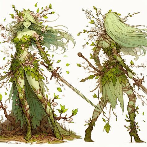 Dnd Leather Armor Female Druid, Diy Fairy Cosplay, Unseelie Fae Character Design, Nature Spirit Character Design, Fey Eladrin, Dryad Male, Dryad Female, Female Druid Art, Dryad Dnd