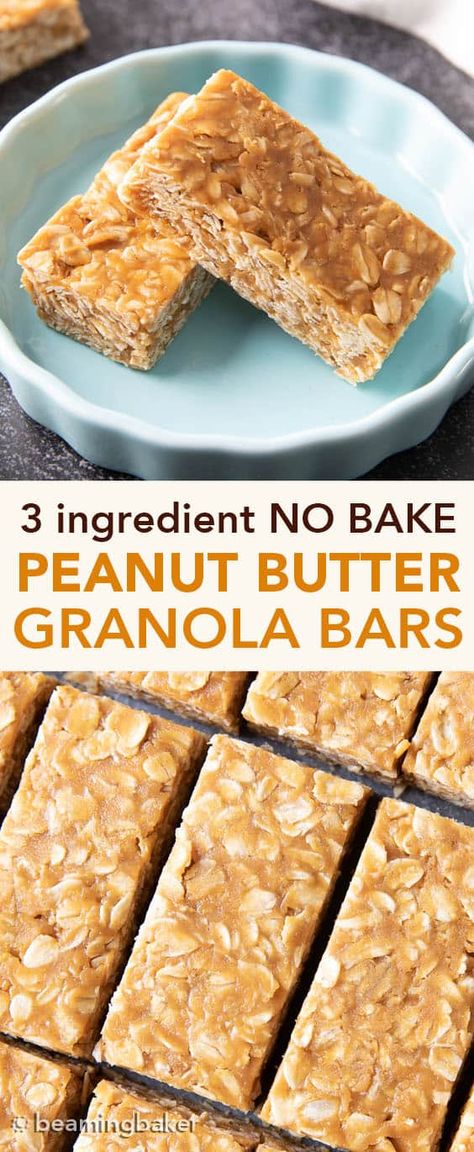 3 Ingredient No Bake Peanut Butter Granola Bars - Beaming Baker Yummy Granola Bars, Healthy Peanut Butter Granola Bars, Homemade Gluten Free Granola Bars, Peanut Butter Honey Granola Bars, 3 Ingredient Granola Bars, 4 Ingredient Granola Bars, Oat Meal Bars Healthy, Oats Bars Recipe Healthy, Vegan Gluten Free Bars