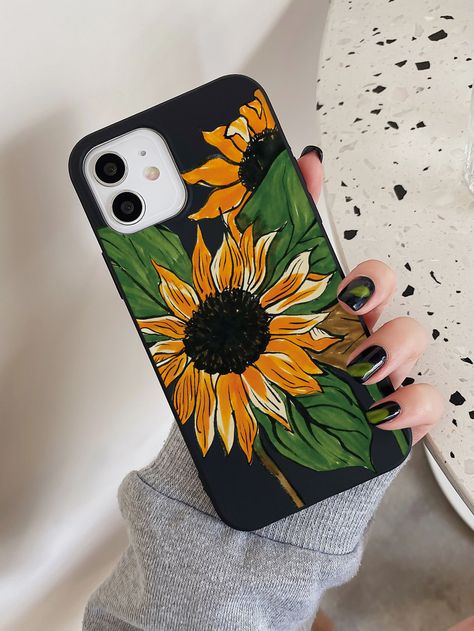 Multicolor  Collar  TPU Floral Phone Cases Embellished   Phone/Pad Accessories Sunflower Phone Cover, Paint On Phone Cover, Handmade Phone Case Paper, Simple Phone Cover Painting, Phone Cases Painting Ideas, Back Case Painting, Backcover Phone Ideas, Handmade Cases Paint, Cute Phone Cover Painting